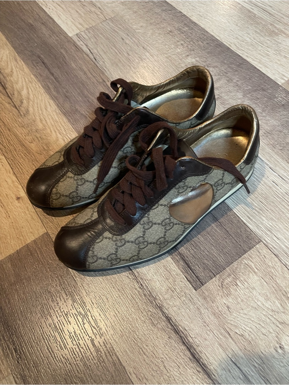 Authentic Gucci Brown GG Canvas & Leather Low-Top Sneakers